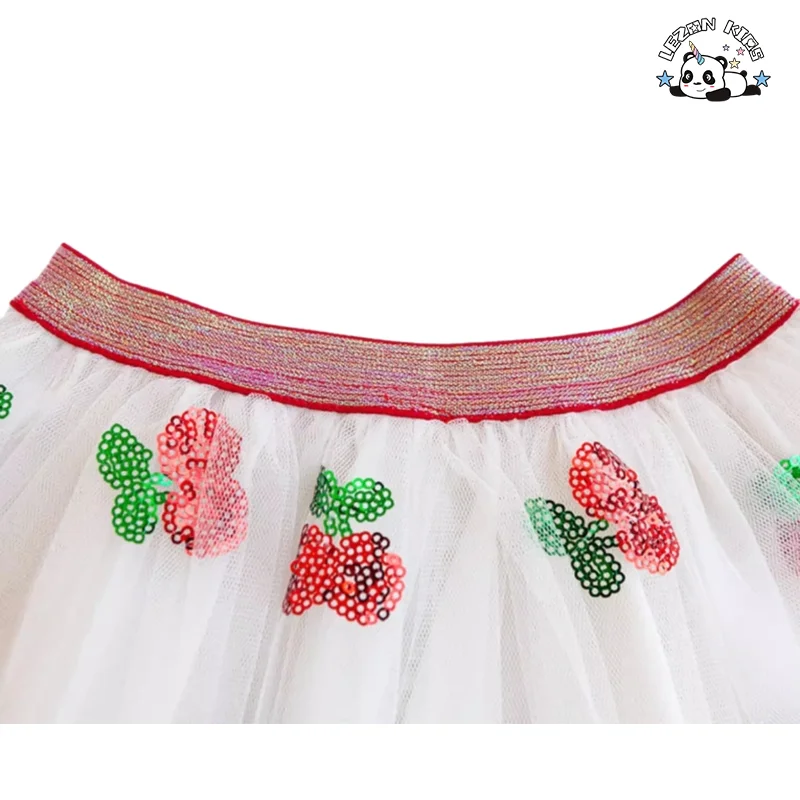 LEZONKIDS - Customizable Comfortable Breathable Sequin Cherry Embroidery Baby Girls Cherry Tutu Skirt